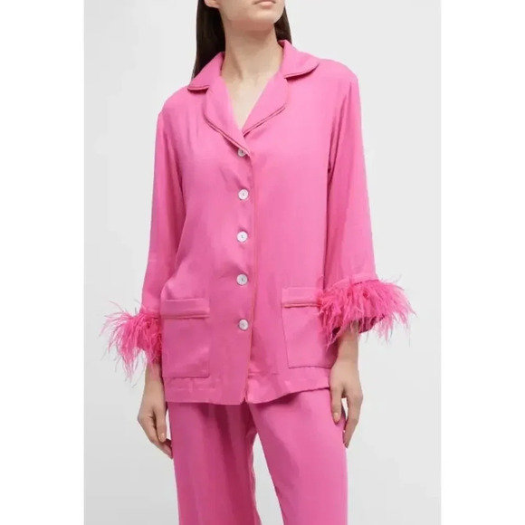 Sleeper Party Cropped Feather Trim Pajama Shirt - Picture 3 of 9